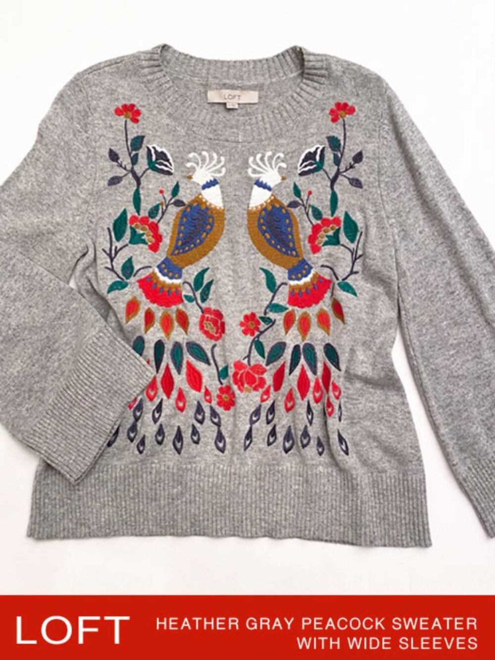 LOFT Gray Heather Peacock Embroidery Sweater With Wide Sleeves Size M